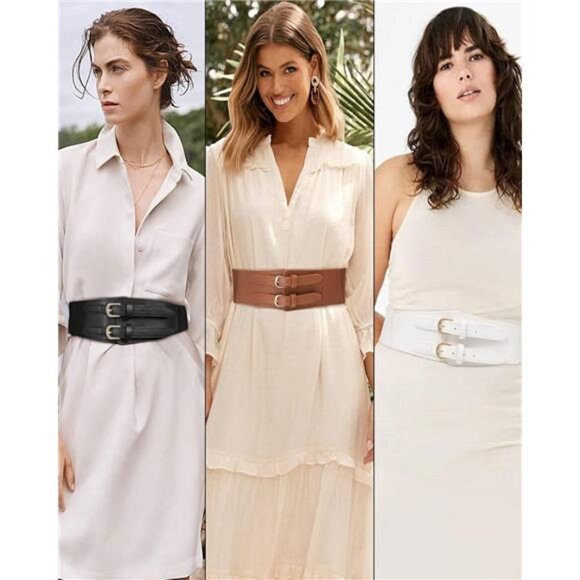 Wide Elastic Cinch Belt – Vintage PU Leather Waist Belt with Embossed Buckle - Picture 4 of 5